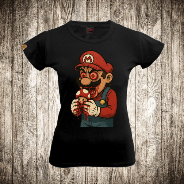 zenska majica boja crna slika super mario jede pecurke