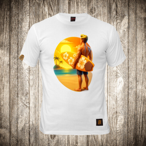 decija majica boja bela slika surfer gleda u talase more plaza