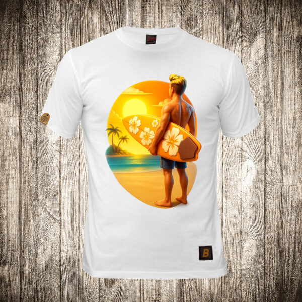 muska majica boja bela slika surfer gleda u talase more plaza