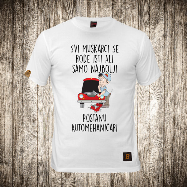 decija majica boja bela slika svi se rode jednaki samo najbolji postanu automehanicari