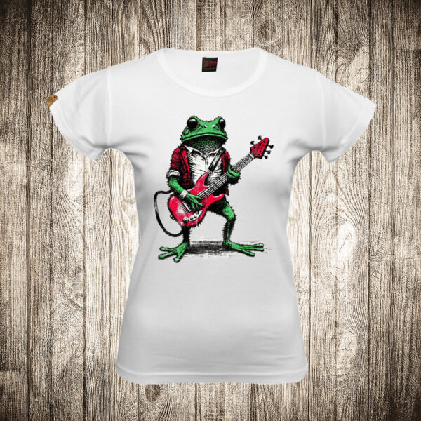 zenska majica boja bela slika zaba roker muzika gitara