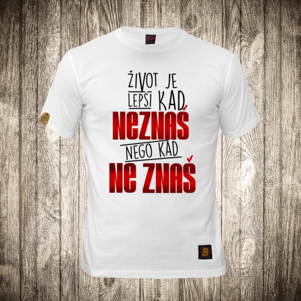 decija majica boja bela slika zivot je lepsi kad neznas nego kad ne znas
